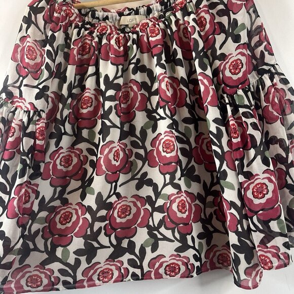 Loft Womens Blouse Top Size Large White Red Black Floral Flare Sleeve Peasant - Picture 5 of 9